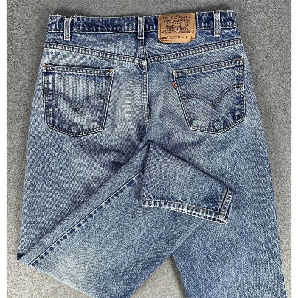 Levis 505 Jeans 34x32 Blue Straight Orange Tab Distressed Faded Vintage 90s 1997